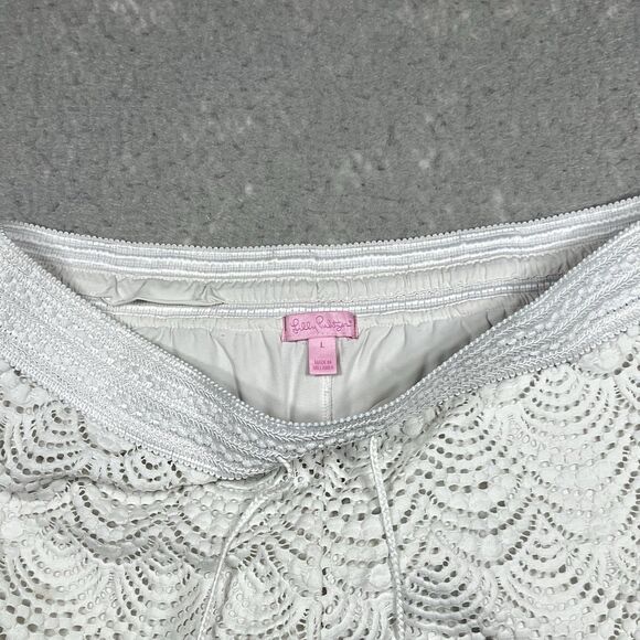 Lilly Pulitzer Claudette White Crochet Shell Drawstring Shorts Beach Cover Up L - Picture 7 of 14